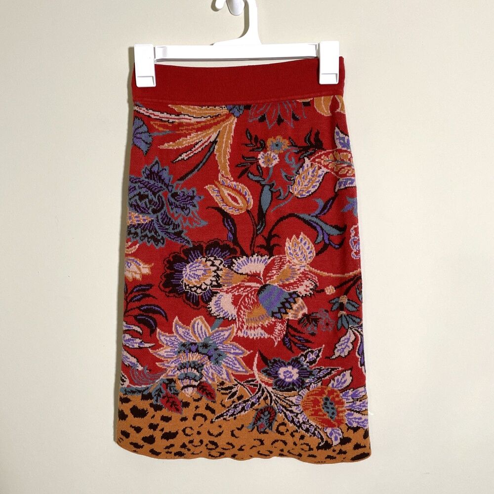 Anthropologie Maeve Women's Delphinia Skirt XS Floral Leopard Pencil Knit Red - Picture 2 of 9